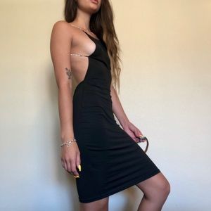 Rhinestone Strap Midi Black Bodycon Dress Sz S